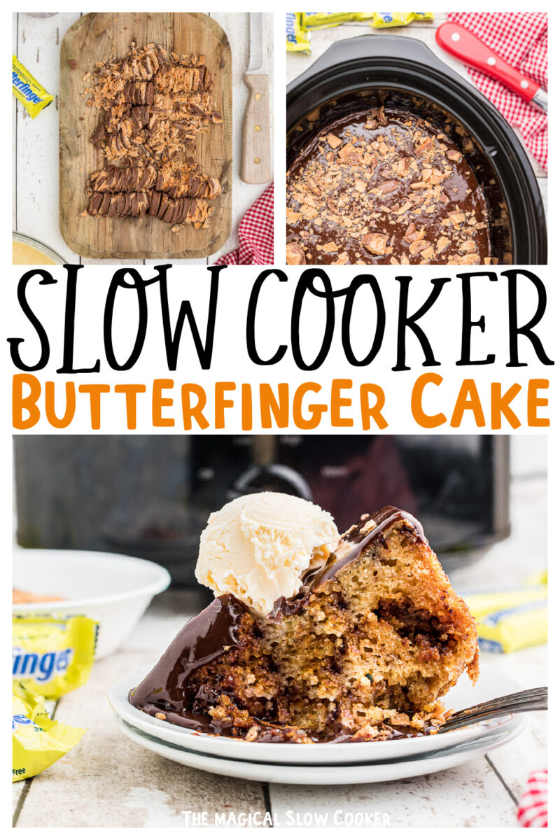 collage of butterfinger cake with text over lay for pinterest