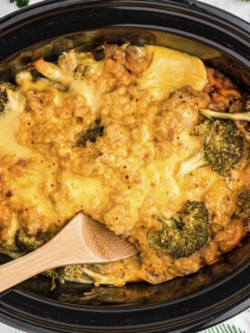over head shot of broccoli casserole.