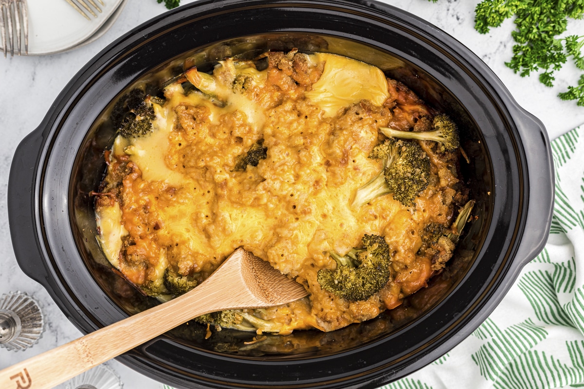 over head shot of broccoli casserole.