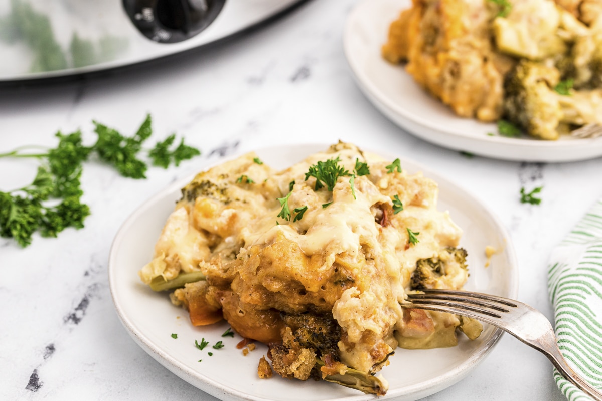 chicken broccoli casserole served on plate.