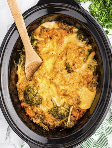 chicken broccoli stuffing casserole cooked in slow cooker.