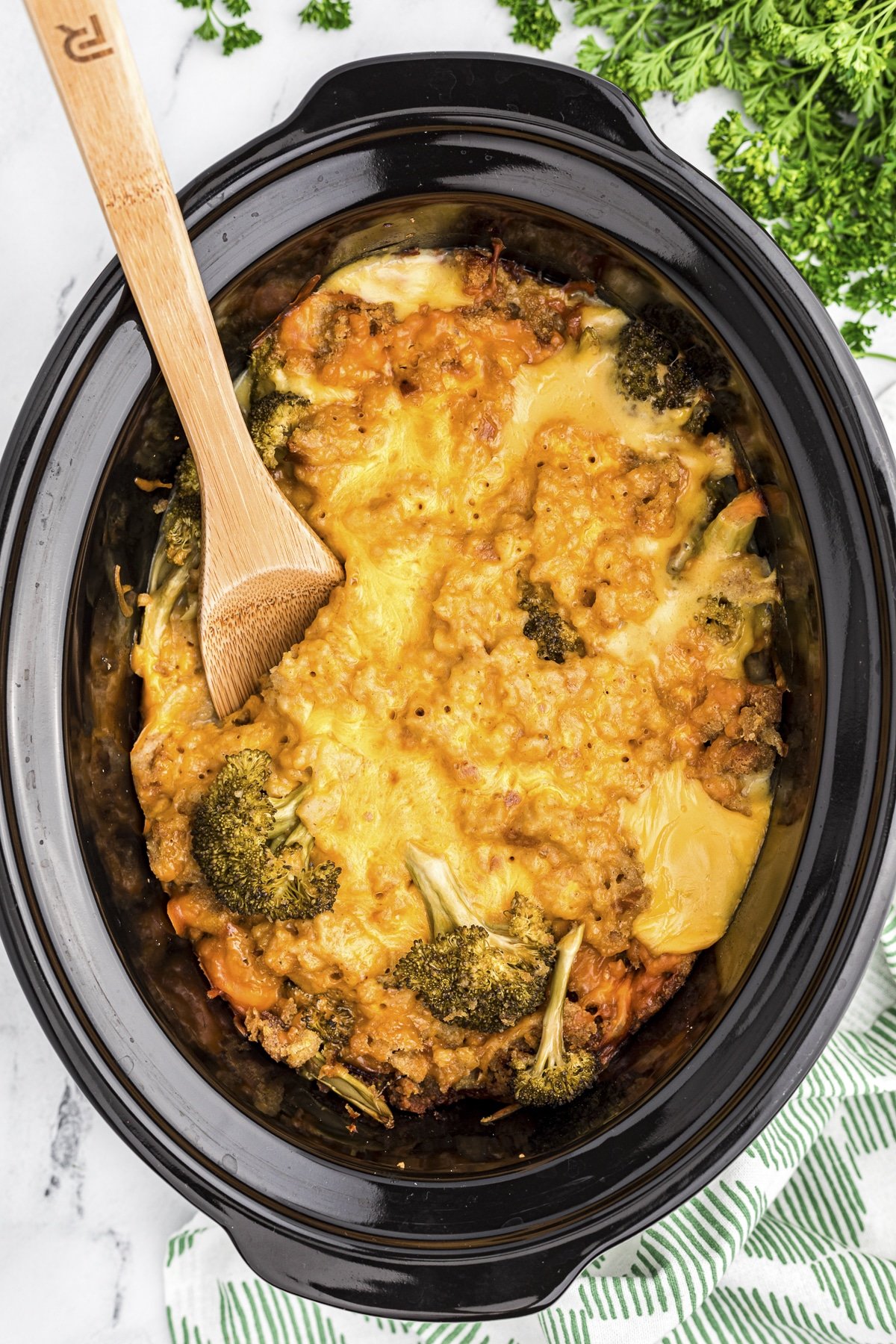 chicken broccoli stuffing casserole cooked in slow cooker.