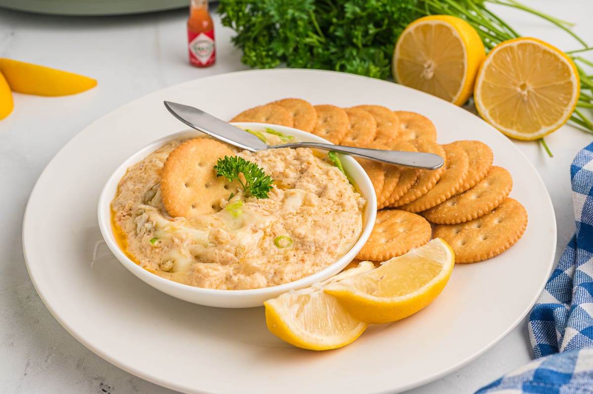 side view of crab dip in a bowl with ritz.