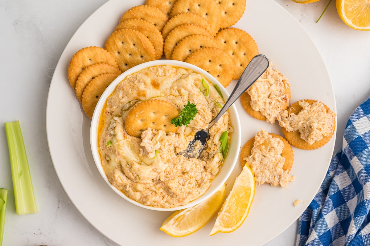 overhead shot of crab dip in a bowl.