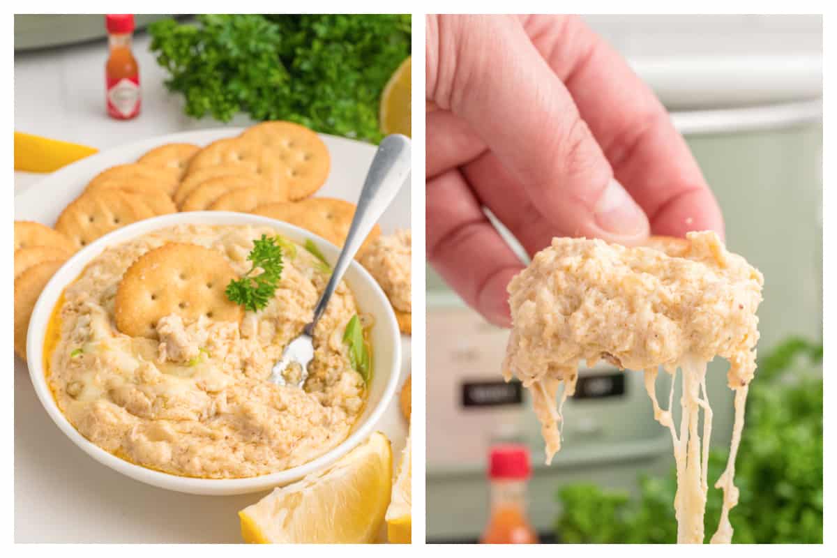 crab dip in a bowl and on a cracker.