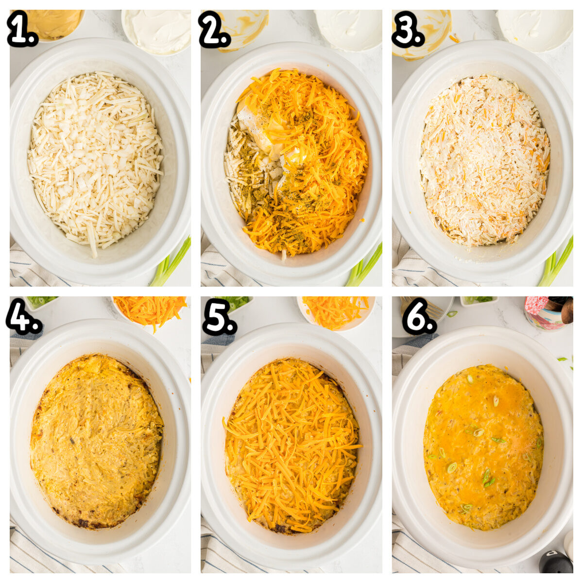 collage of how to assemble cracker barrel hashrbrown casserole in crockpot.