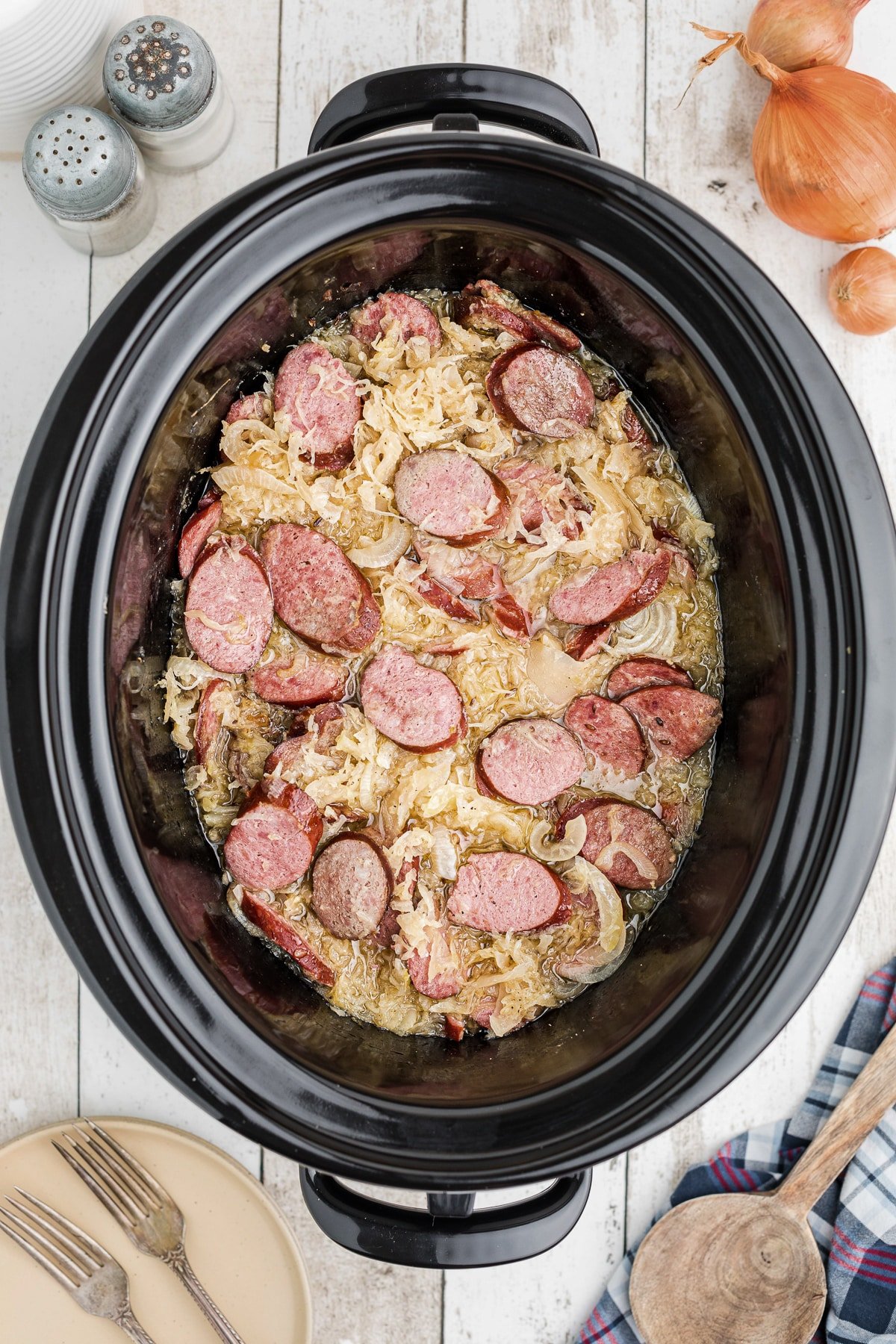 kielbasa and sauerkraut cooked in a slow cooker.