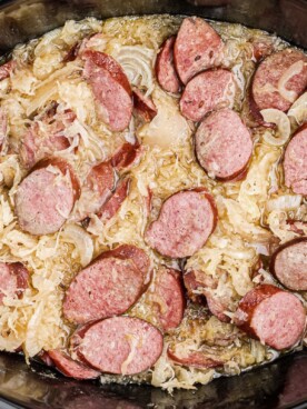 Kielbasa and sauerkraut done cooking in crcokpot