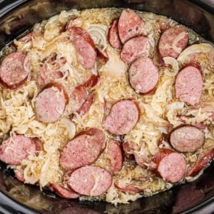Kielbasa and sauerkraut done cooking in crcokpot