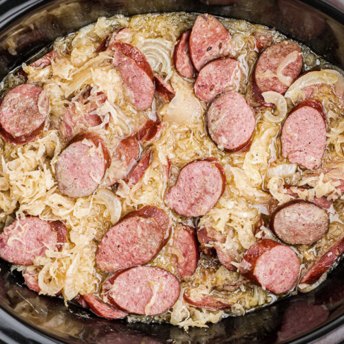 Kielbasa and sauerkraut done cooking in crcokpot