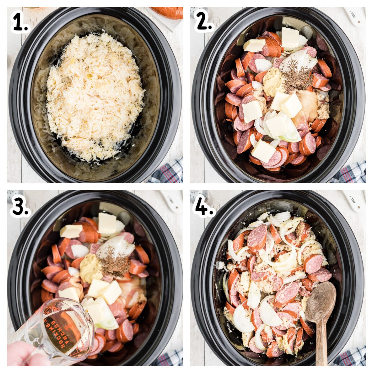 four images about how to make kielbasa and sauerkraut in the slow cooker.