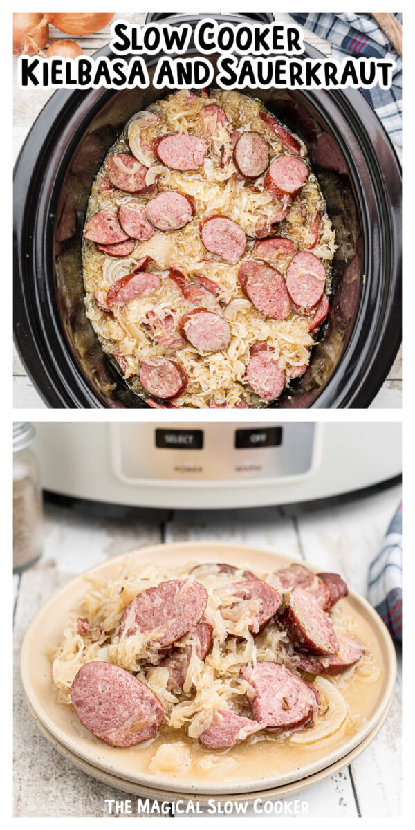 Long image of kielbasa and sauerkraut for pinterest.