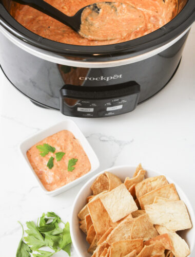 Pizza dip in slow cooker and in bowl