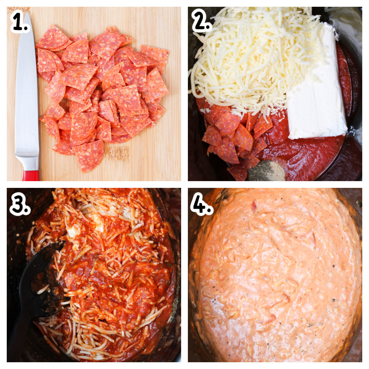 four images about how to cook pizza dip in slow cooker.
