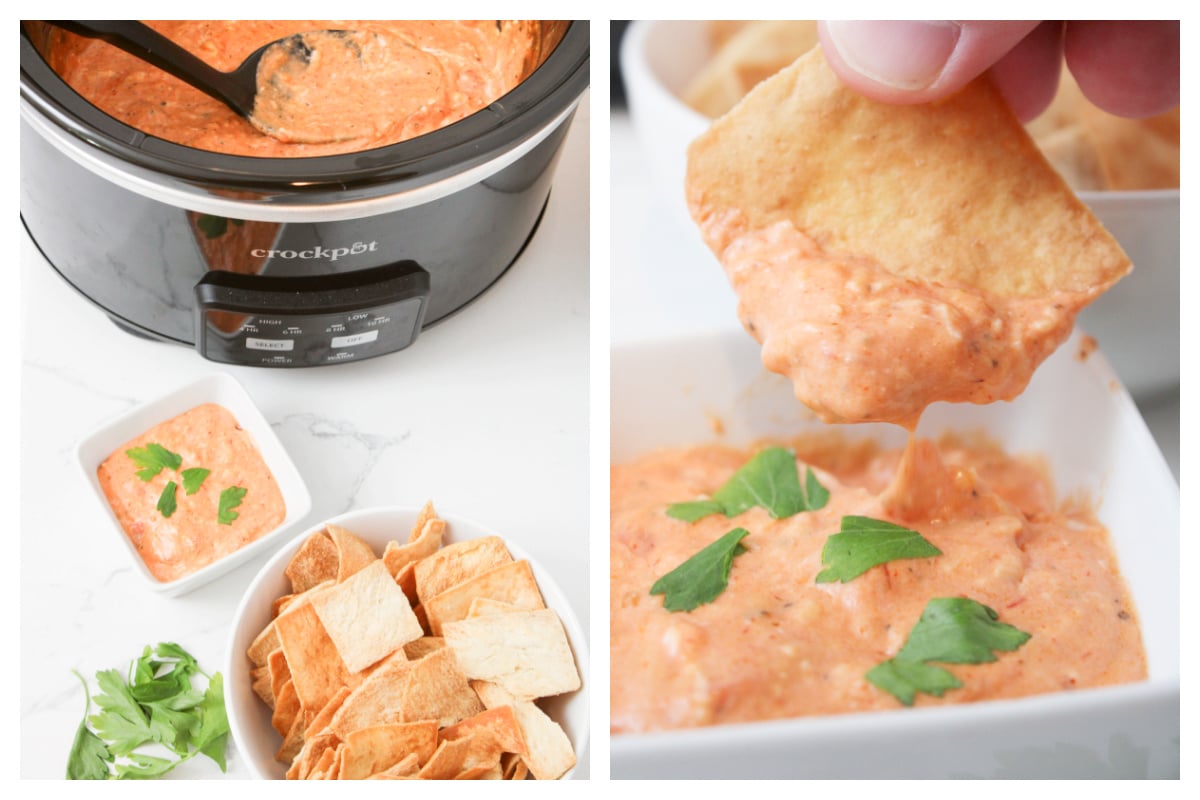 2 images of cooked pizza dip.