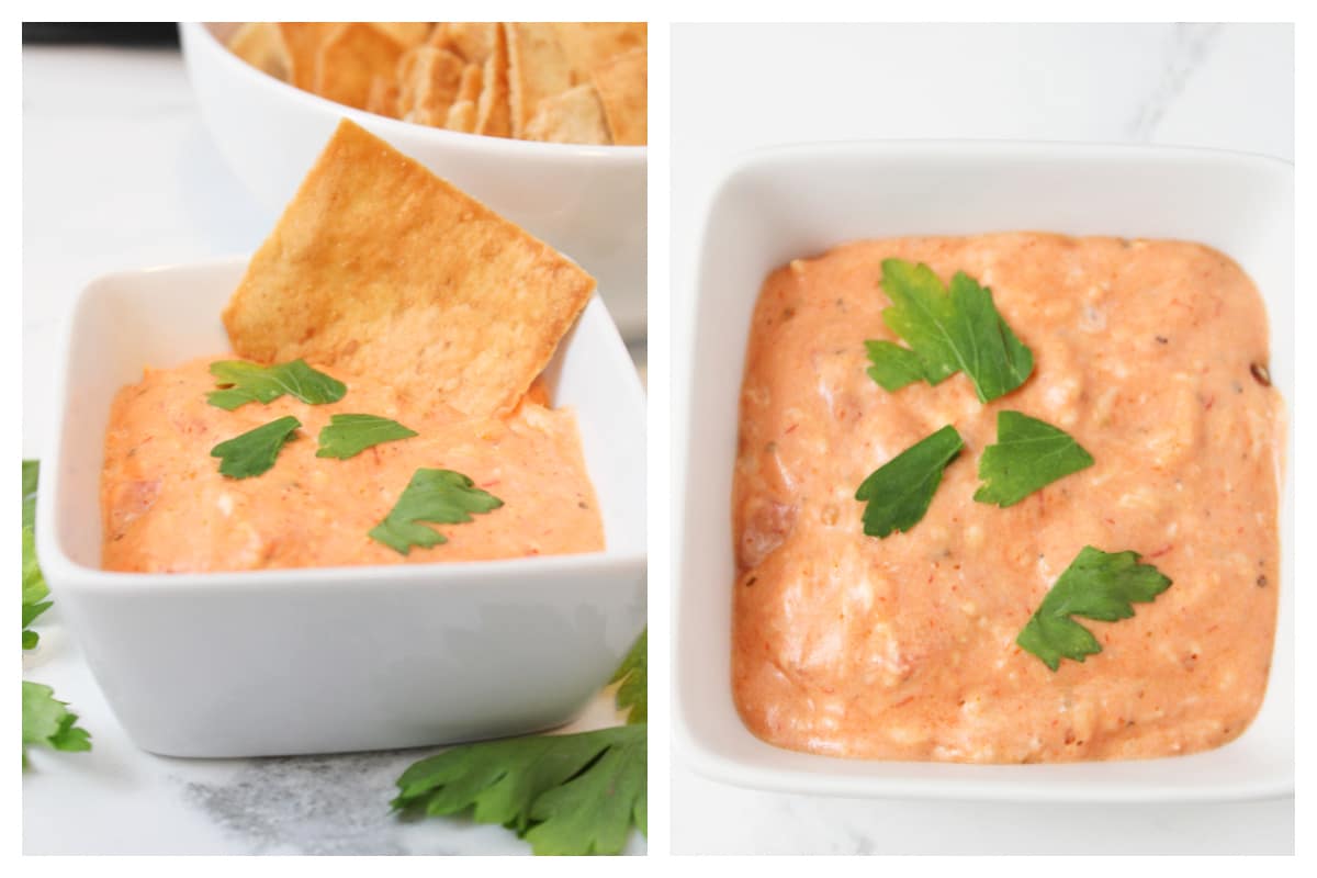 2 images of pizza dip in white bowl