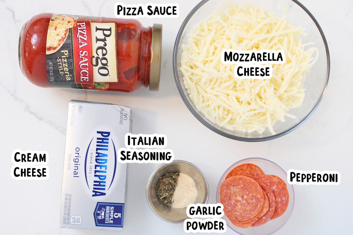 Ingredients for pizza dip on a table with text labels.