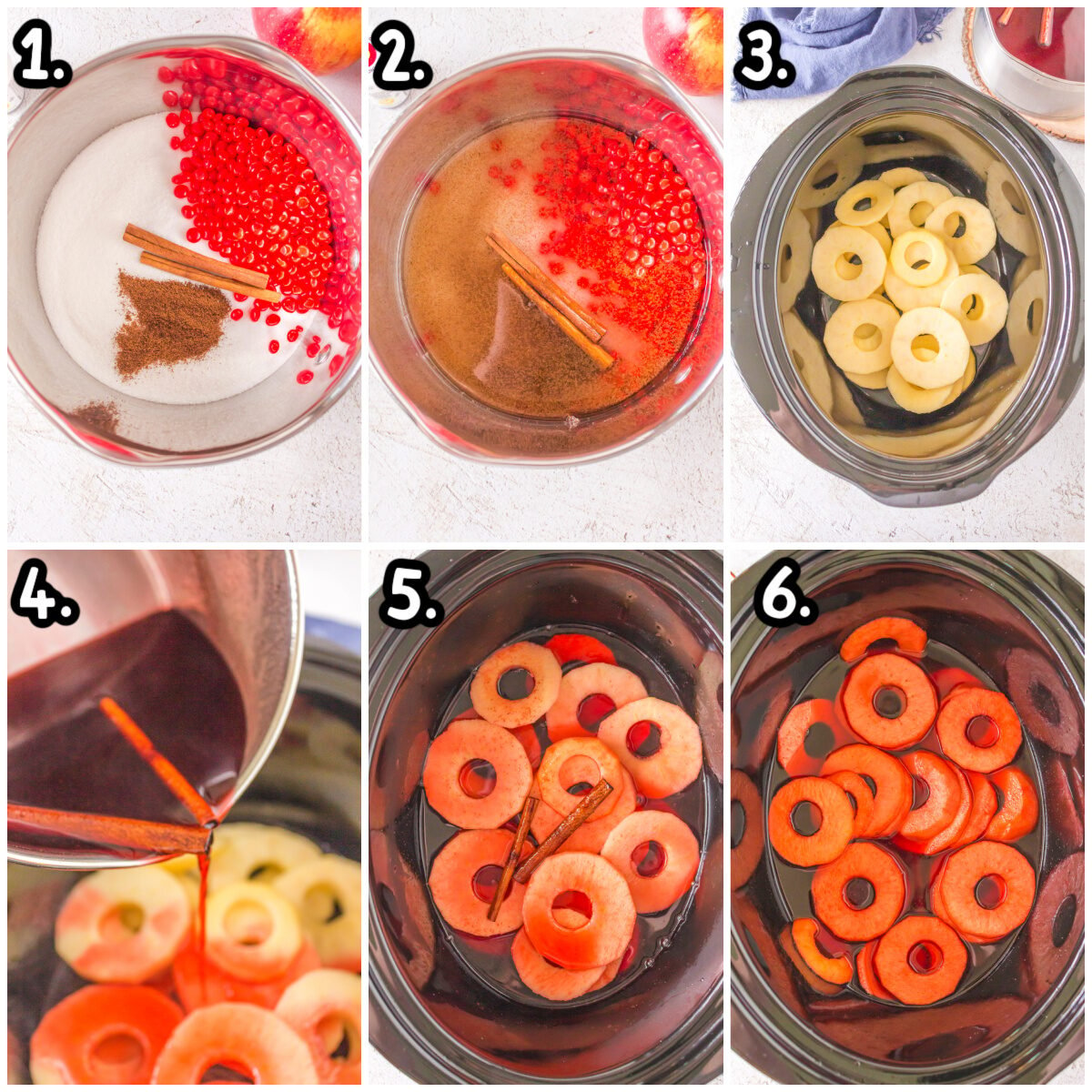 Collage on how to make sauce for red hot apples and put ingredients in slow cooker.