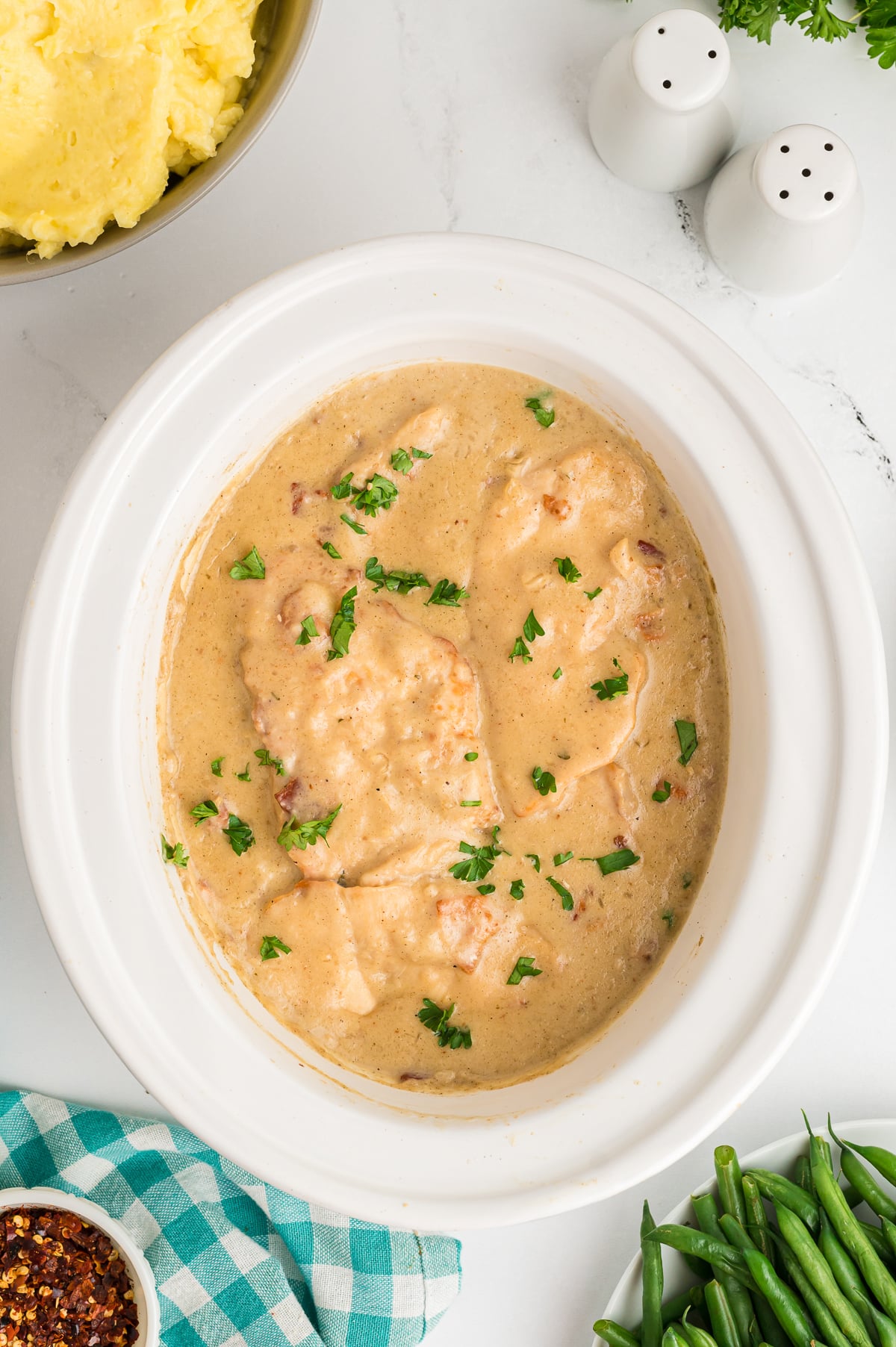 smothered chicken in a slow cooker.