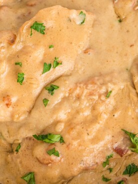 close up of smothered chicken in slow cooker.