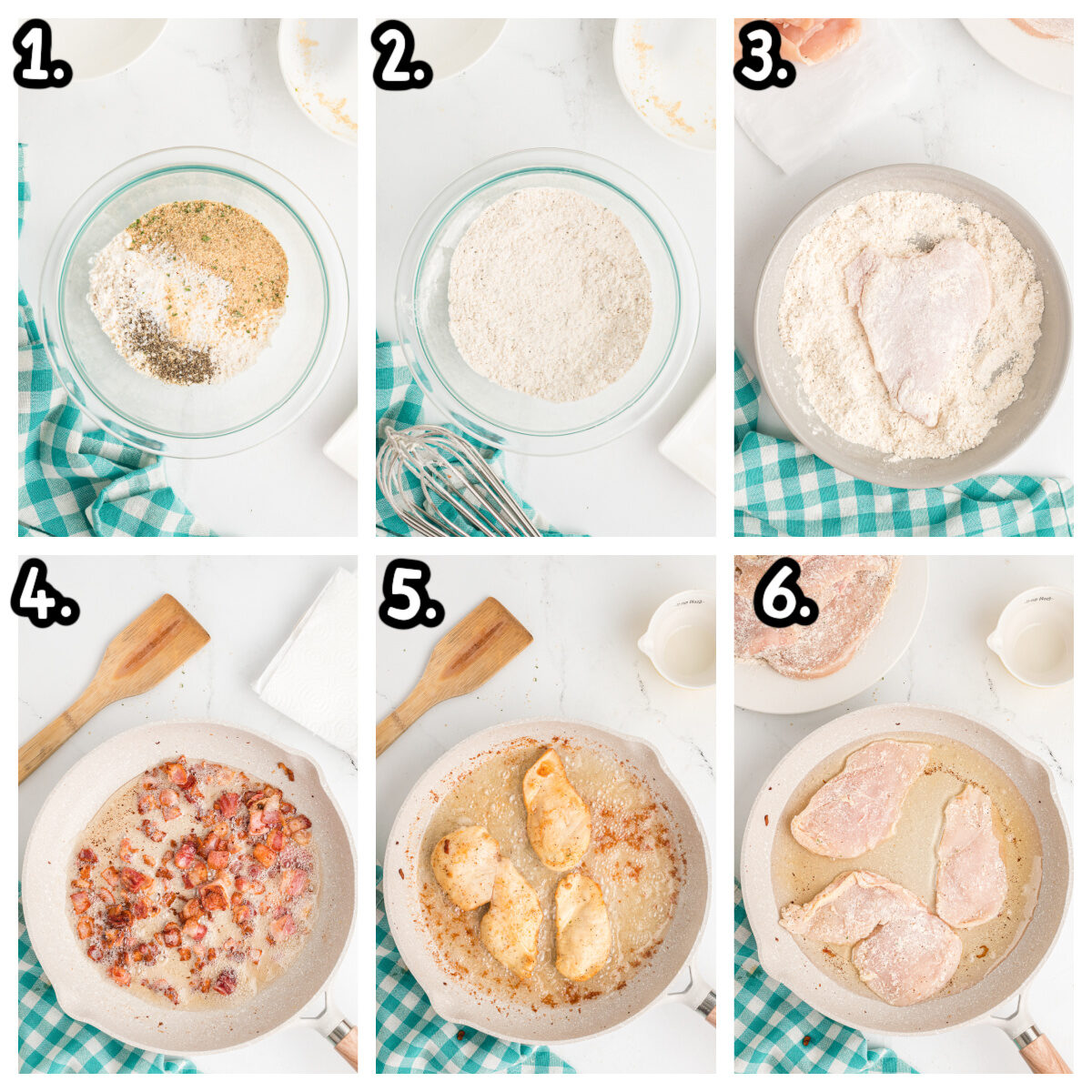 6 pictures collage on how to coat chicken and fry it.