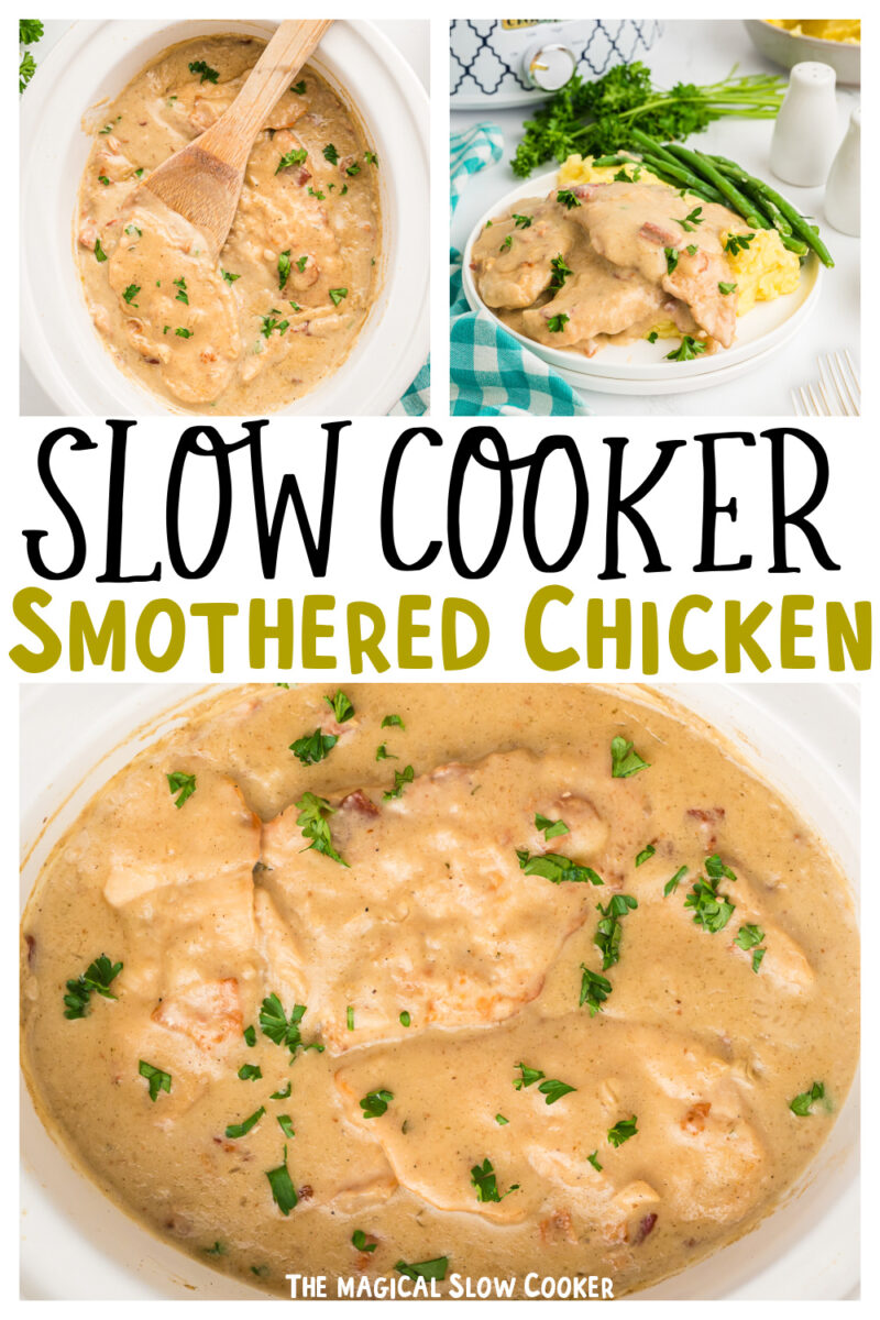 collage of smothered chicken images with text overlay for pinterest.
