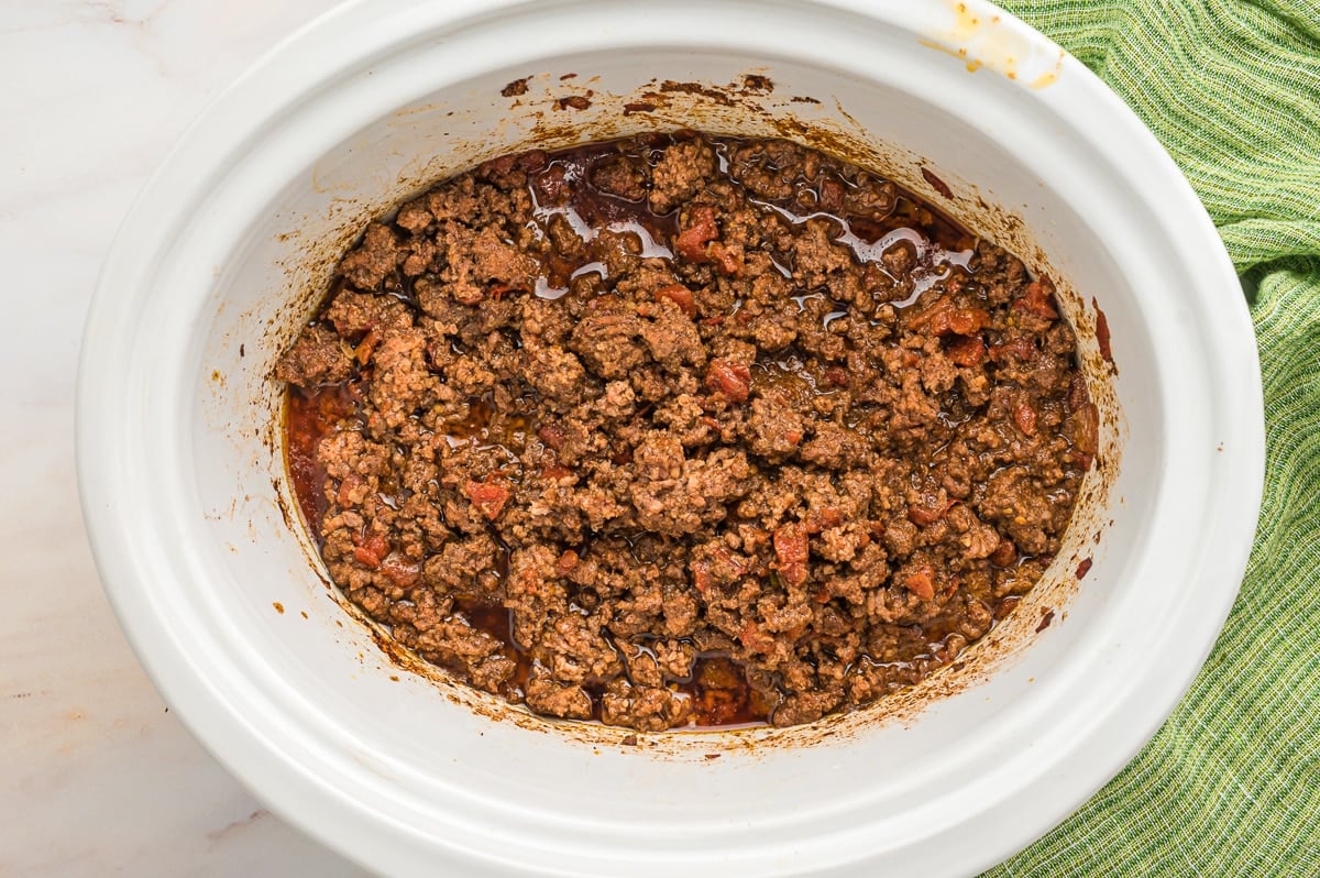overhead shot of taco meat in slow cooker.