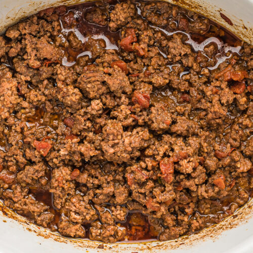 Close up of taco meat cooked in a crockpot.