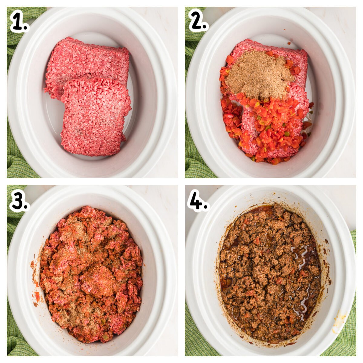 Four images on how to add meat and other taco ingredients to slow cooker.