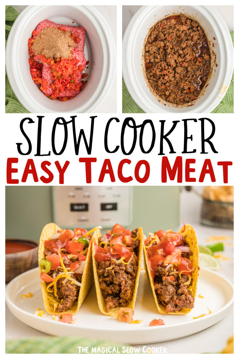 Collage of taco meat images with text overlay for pinterest.