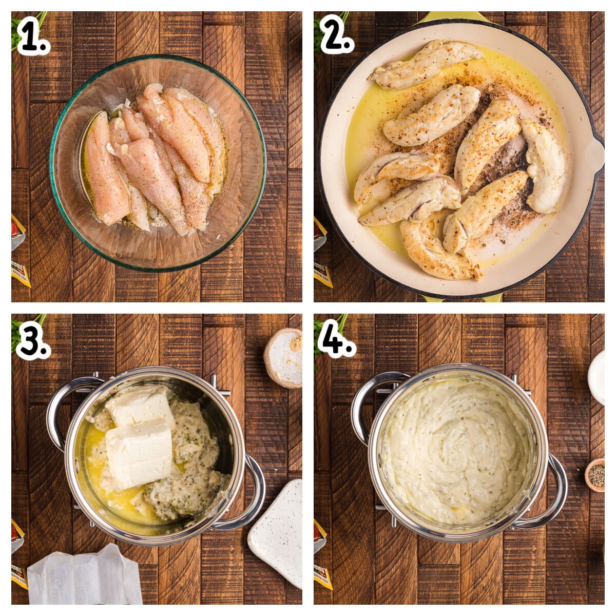 4 images on how to coat chicken, brown chicken and make angel sauce.