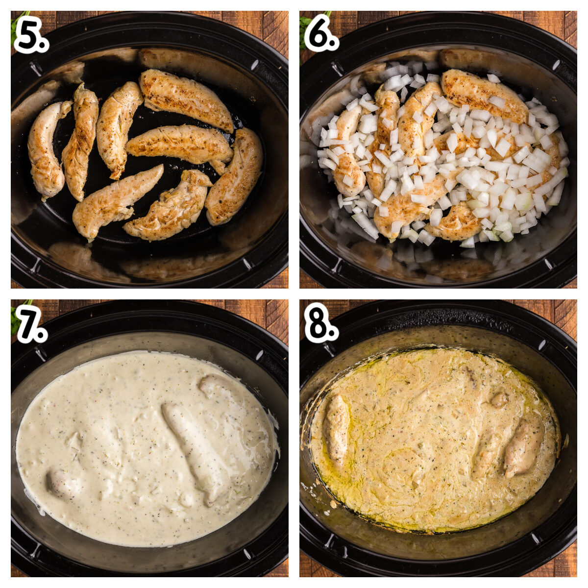 4 images on how to add all ingredients to slow cooker for angel chicken.
