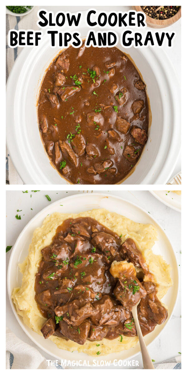 long image of beef tips and gravy for pinterest.