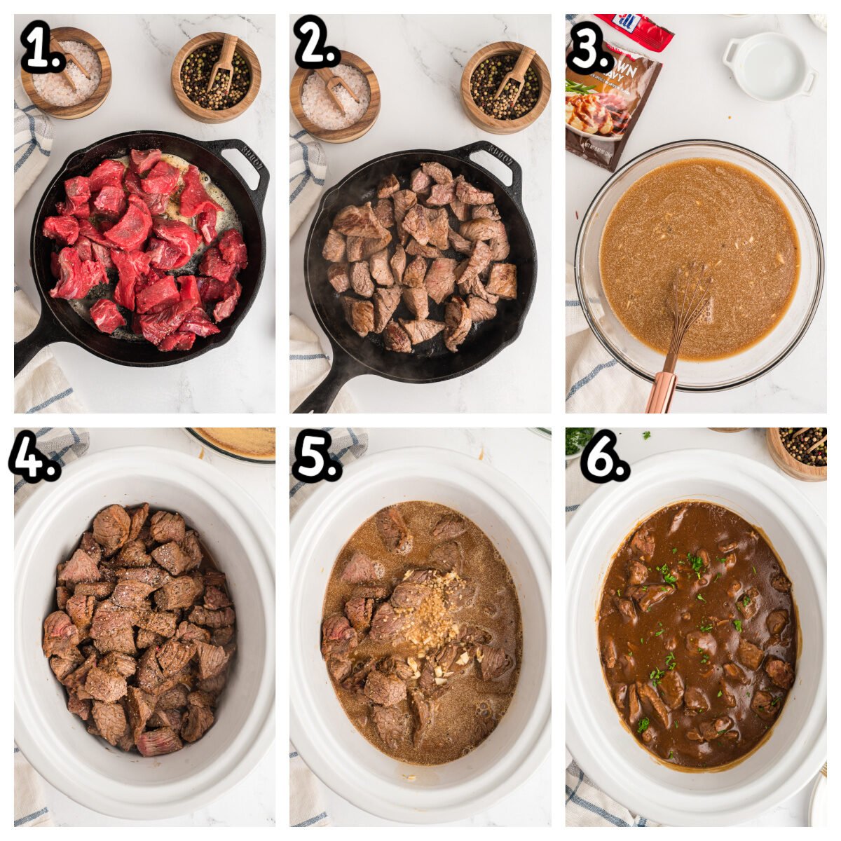 Six images showing how to brown beef, make gravy and add to slow cooker.