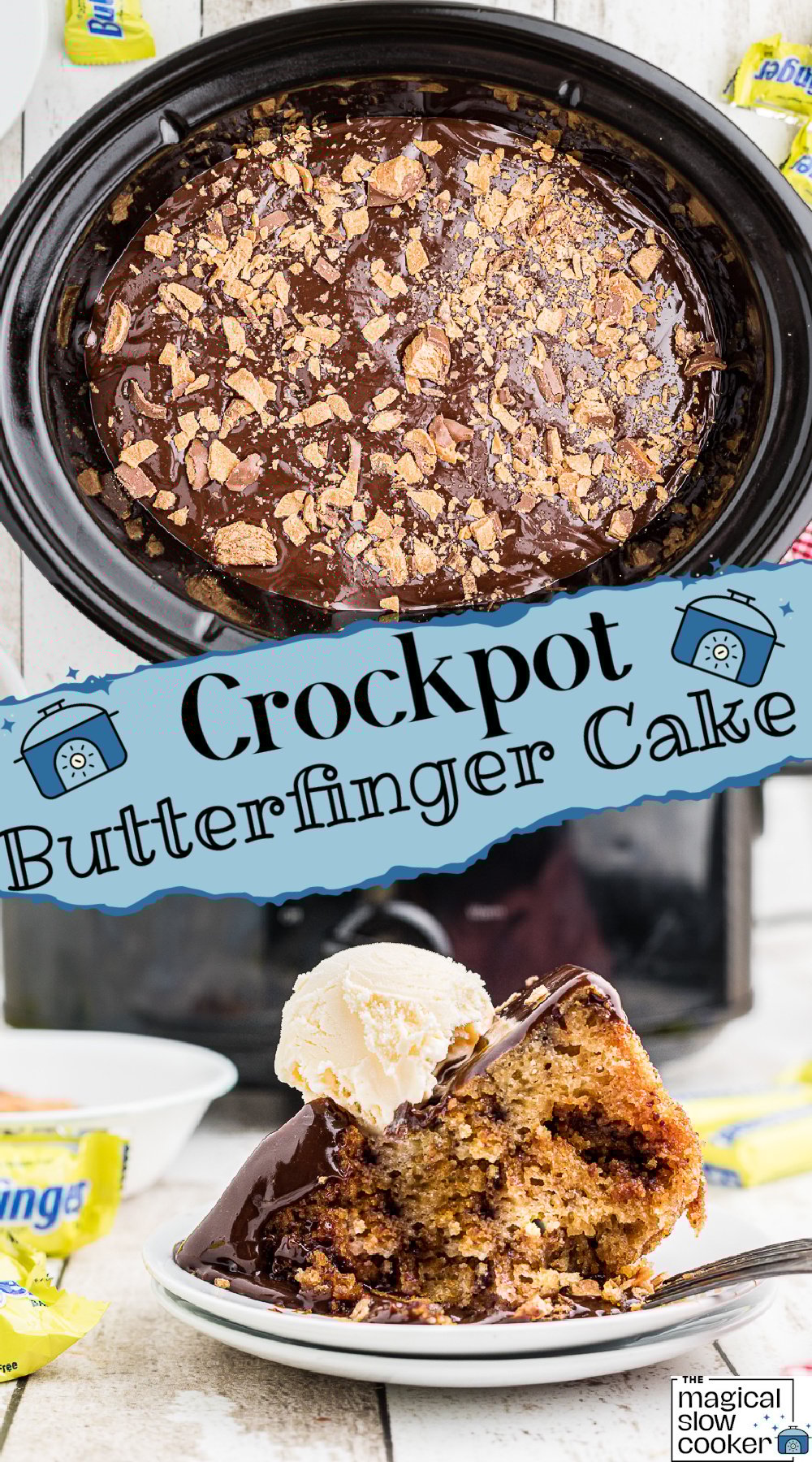 2 images of butterfinger cake.