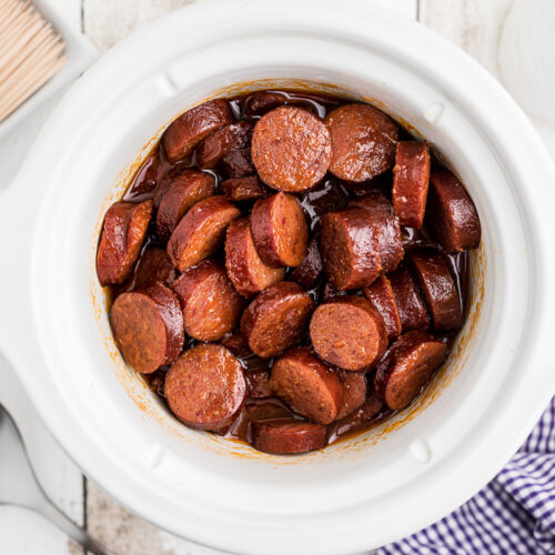 cooked kielbasa in brown sugar, ketchup and horseradish.