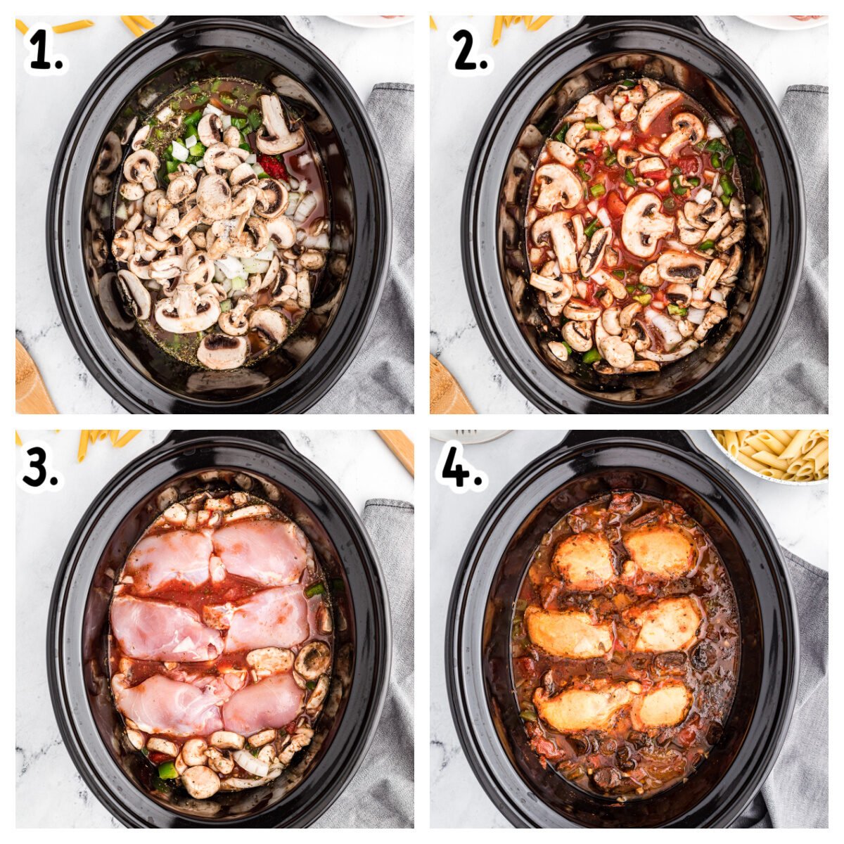 4 images about how to assemble chicken caccitaore in the slow cooker.