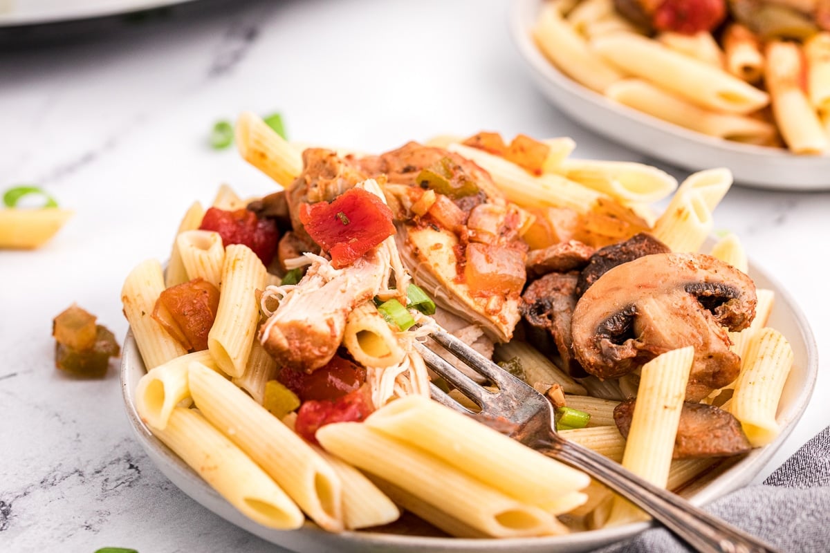 Plate of penne pasta and chicken cacciatore.