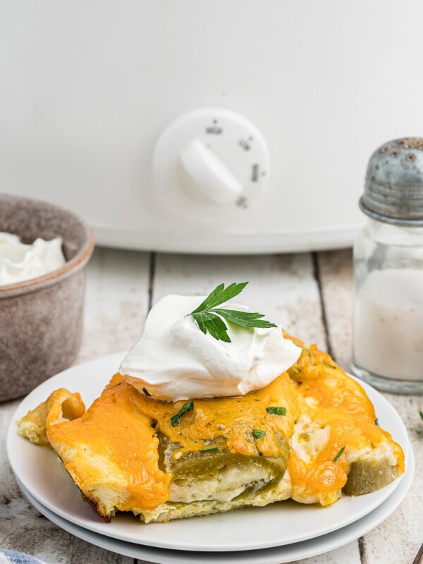 close up of slice of chile relleno caserole.