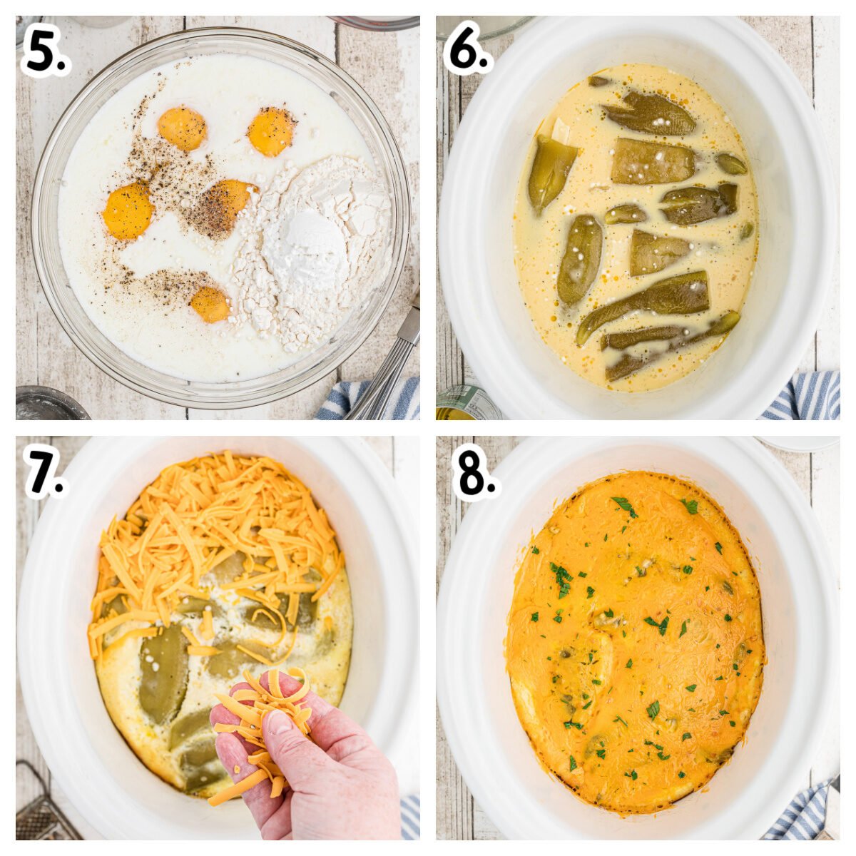 collage about how to assemble chile relleno casserole in slow cooker.