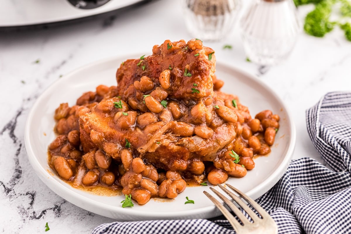 plate of ribs with baked beans.