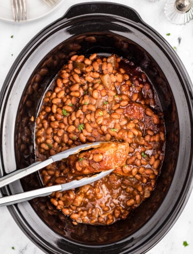 Baked beans with cooked country style ribs.