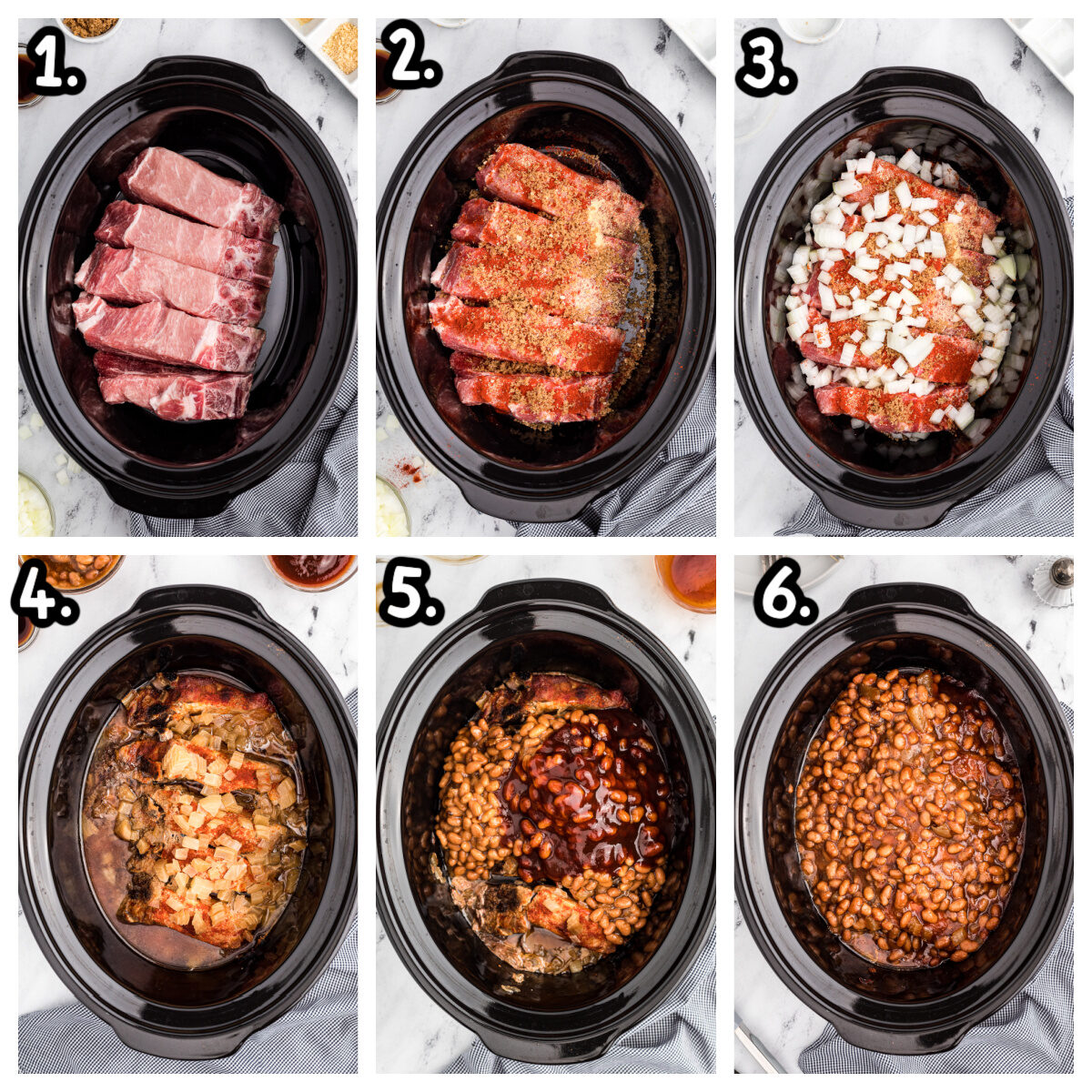 Six images of how to assemble country style ribs and baked beans in the slow cooker.