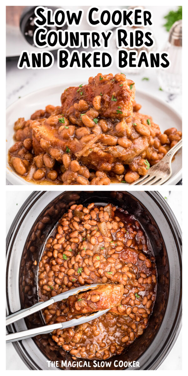 Long image of baked beans and ribs for pinterest.