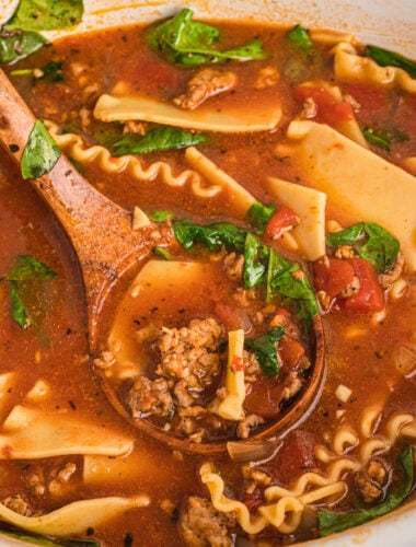 lasagna soup cooked in slow cooker with spinach.