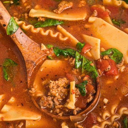 lasagna soup cooked in slow cooker with spinach.