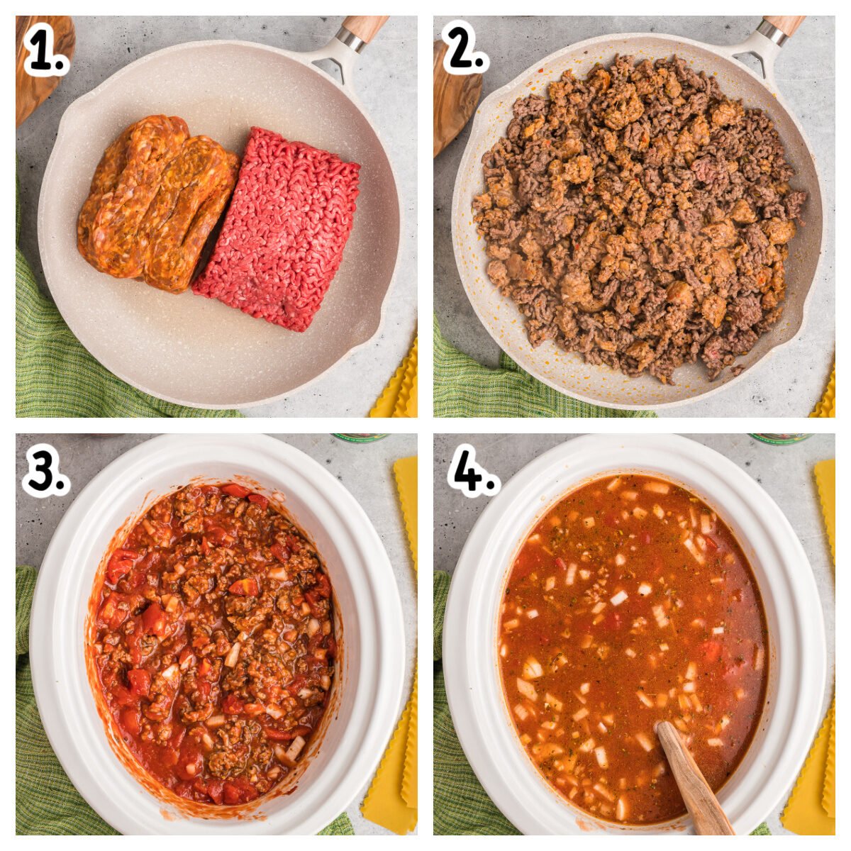 collage of how to brown meat for lasagna soup and add other ingredients to the slow cooker.