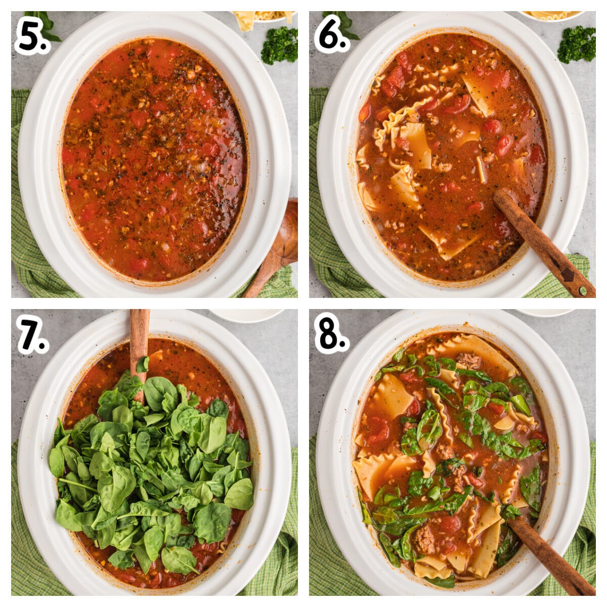 4 images about how to add lasagna noodles and spinach to slow cooker lasagna soup.