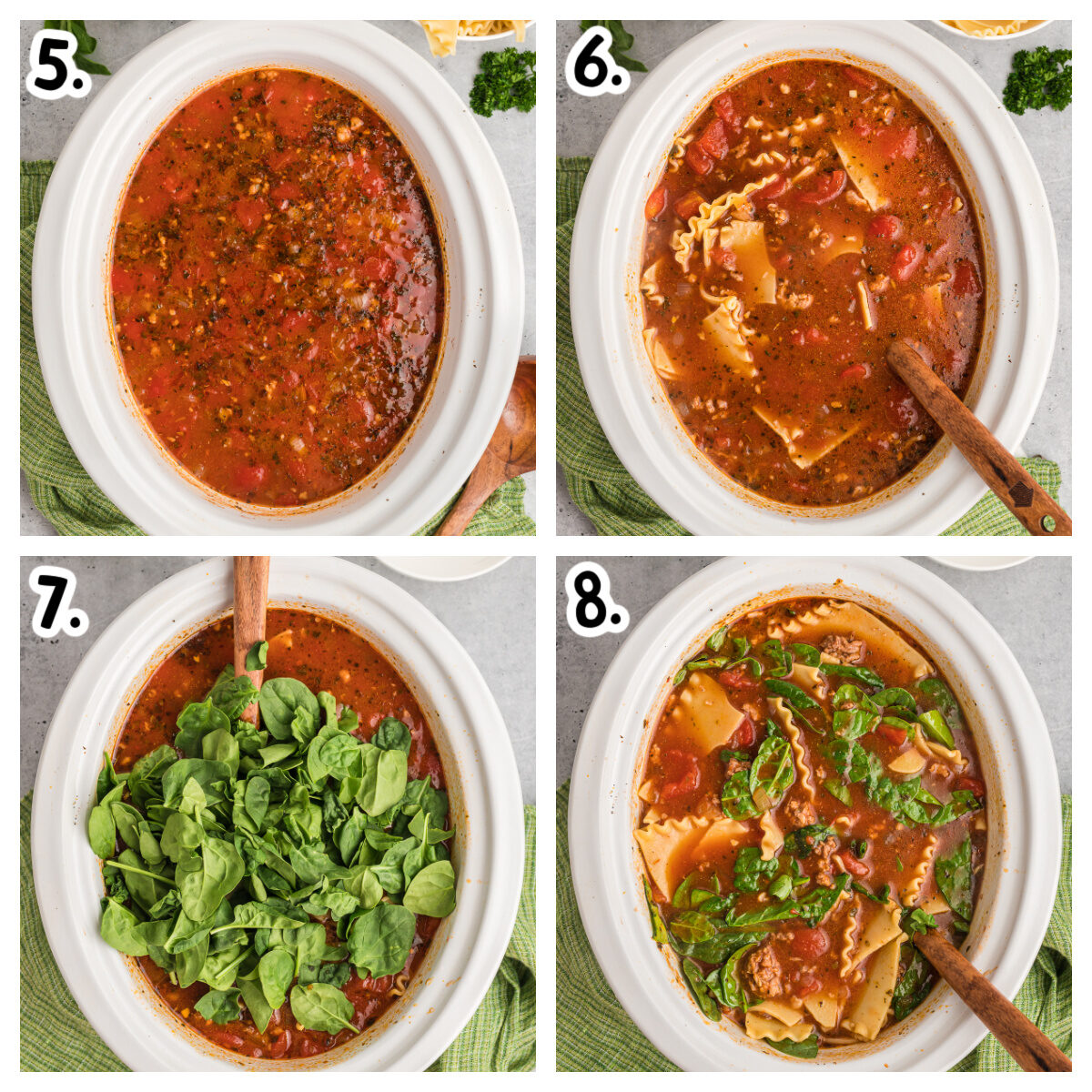 4 images about how to add lasagna noodles and spinach to slow cooker lasagna soup.