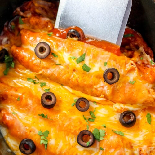 lazy enchiladas in slow cooker with olives.